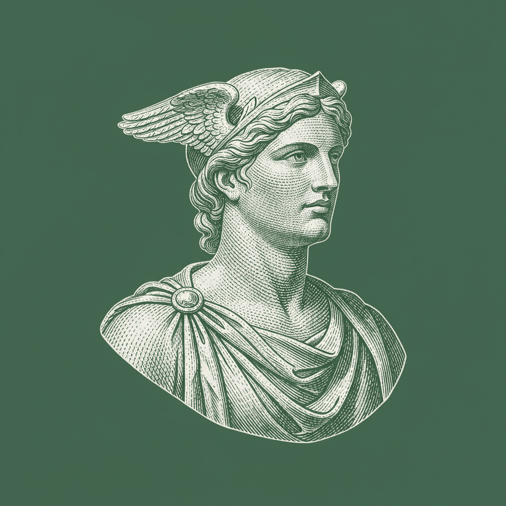 Busto em gravura de Hermes, o mascote da Integranos