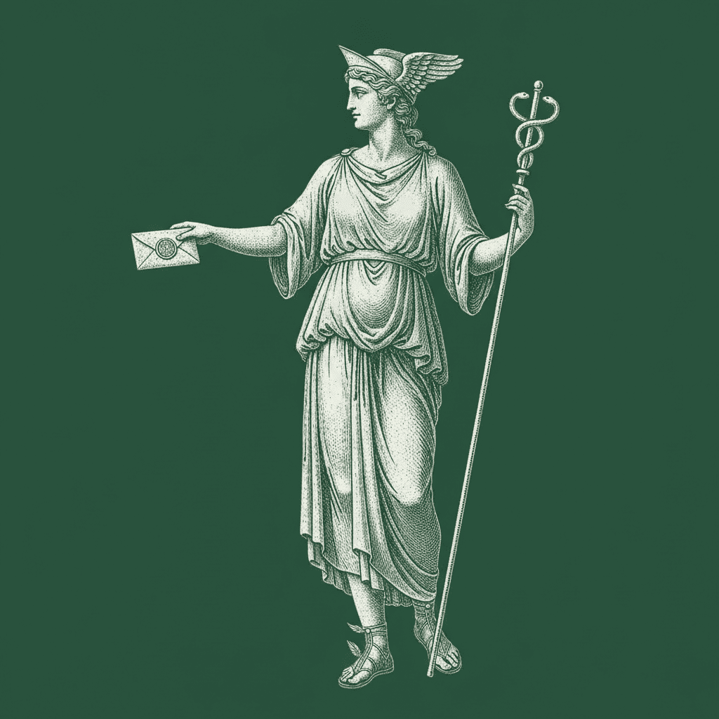 Gravura de Hermes, o mensageiro, segurando uma carta e um caduceu